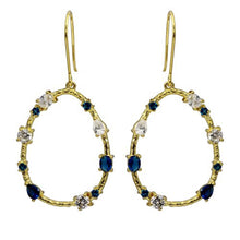 Load image into Gallery viewer, Sterling Silver Gold Plated Open Oval Hoop Earrings With Blue And Clear CZ