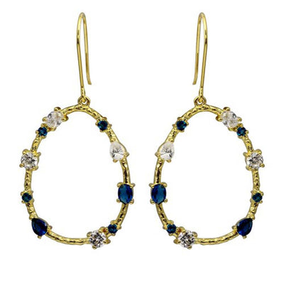 Sterling Silver Gold Plated Open Oval Hoop Earrings With Blue And Clear CZ