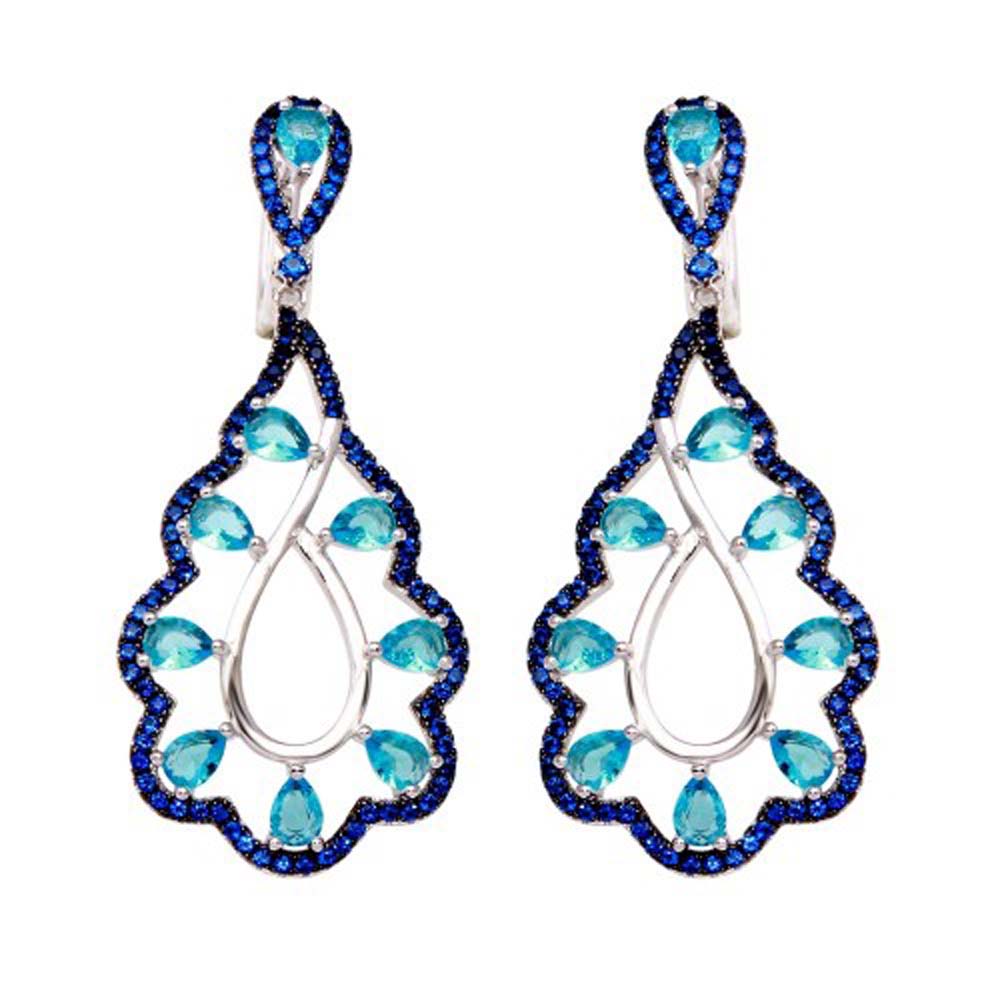 Sterling Silver Rhodium Plated Teal And Blue CZ Teardrop Earrings