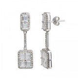 Sterling Silver Rhodium Plated Dangling Bar And Square With CZ Earrings