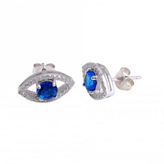 Sterling Silver Rhodium Plated Blue CZ Center Evil Eye Stud Earrings