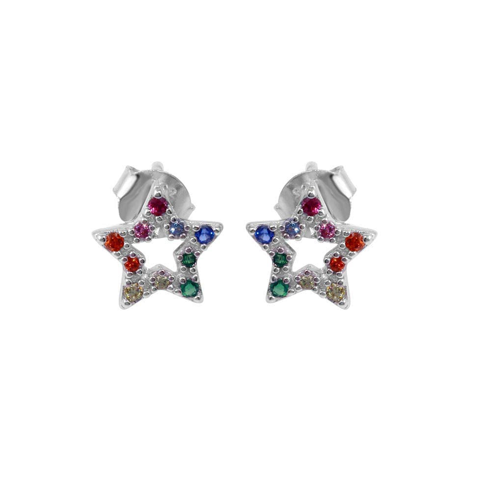 Sterling Silver Rhodium Plated Rainbow CZ Stud Earrings