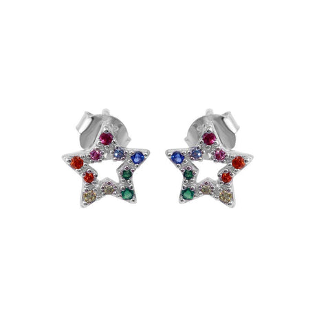Sterling Silver Rhodium Plated Rainbow CZ Stud Earrings