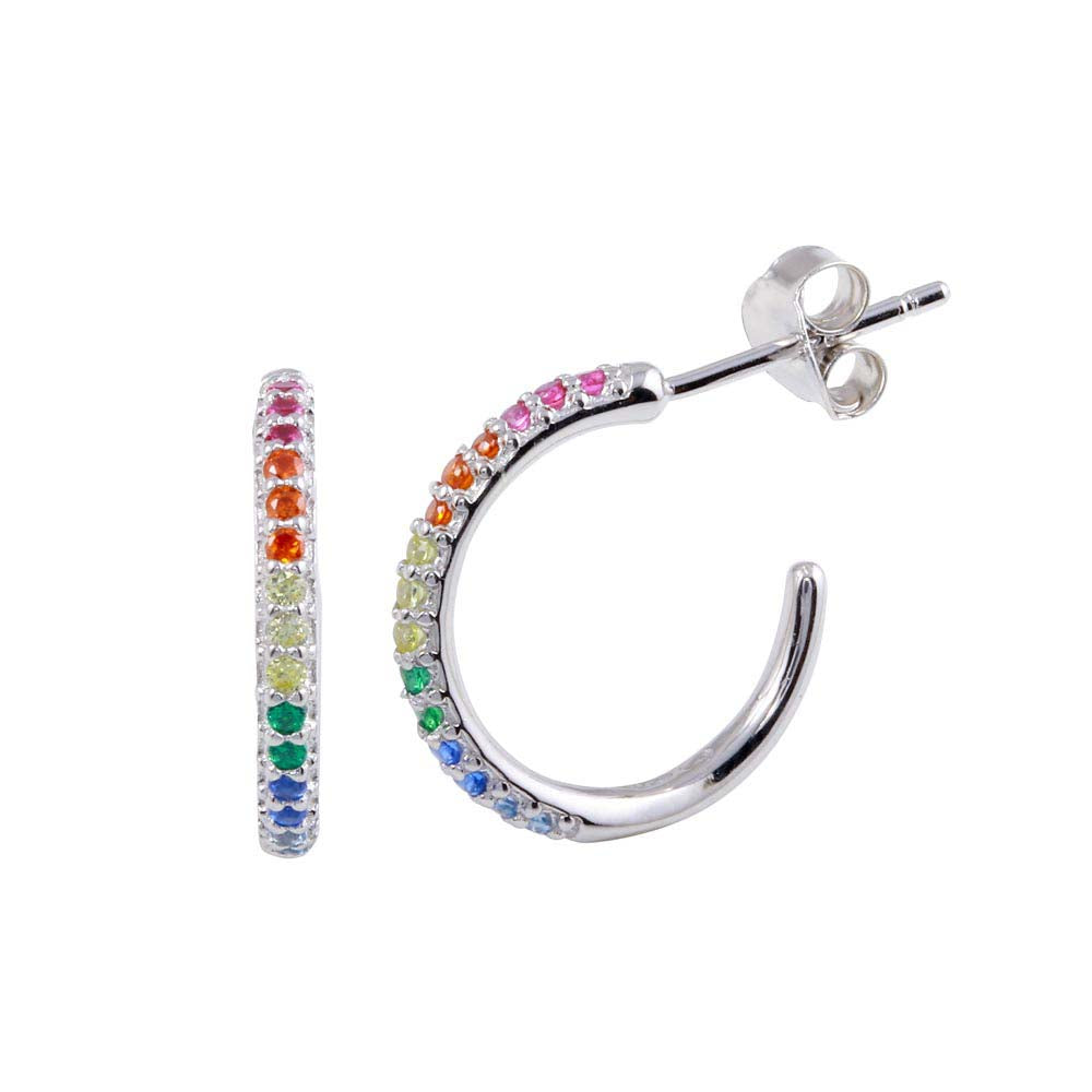 Sterling Silver Rhodium Plated CZ Rainbow Semi Hoop Earrings