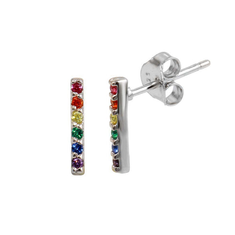 Sterling Silver Rhodium Plated Rainbow Bar Stud Earrings