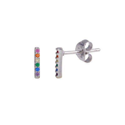 Sterling Silver Rhodium Plated Stud Bar Earrings With Multi Colored CZ