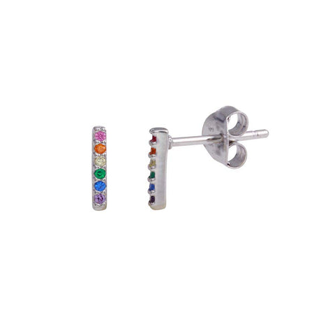 Sterling Silver Rhodium Plated Stud Bar Earrings With Multi Colored CZ