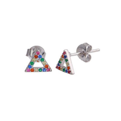 Sterling Silver Rhodium Plated Open Triangle Stud Earrings with Multi-Colored CZ