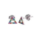 Sterling Silver Rhodium Plated Open Triangle Stud Earrings with Multi-Colored CZ