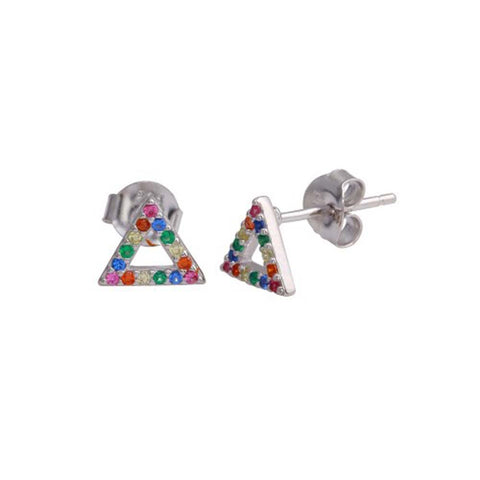 Sterling Silver Rhodium Plated Open Triangle Stud Earrings with Multi-Colored CZ