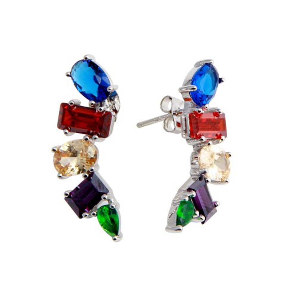 Sterling Silver Rhodium Plated Multi-Colored and Multi-Shaped CZ Stone Earrings