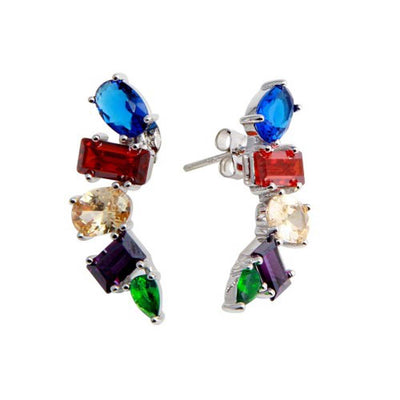 Sterling Silver Rhodium Plated Multi-Colored and Multi-Shaped CZ Stone Earrings