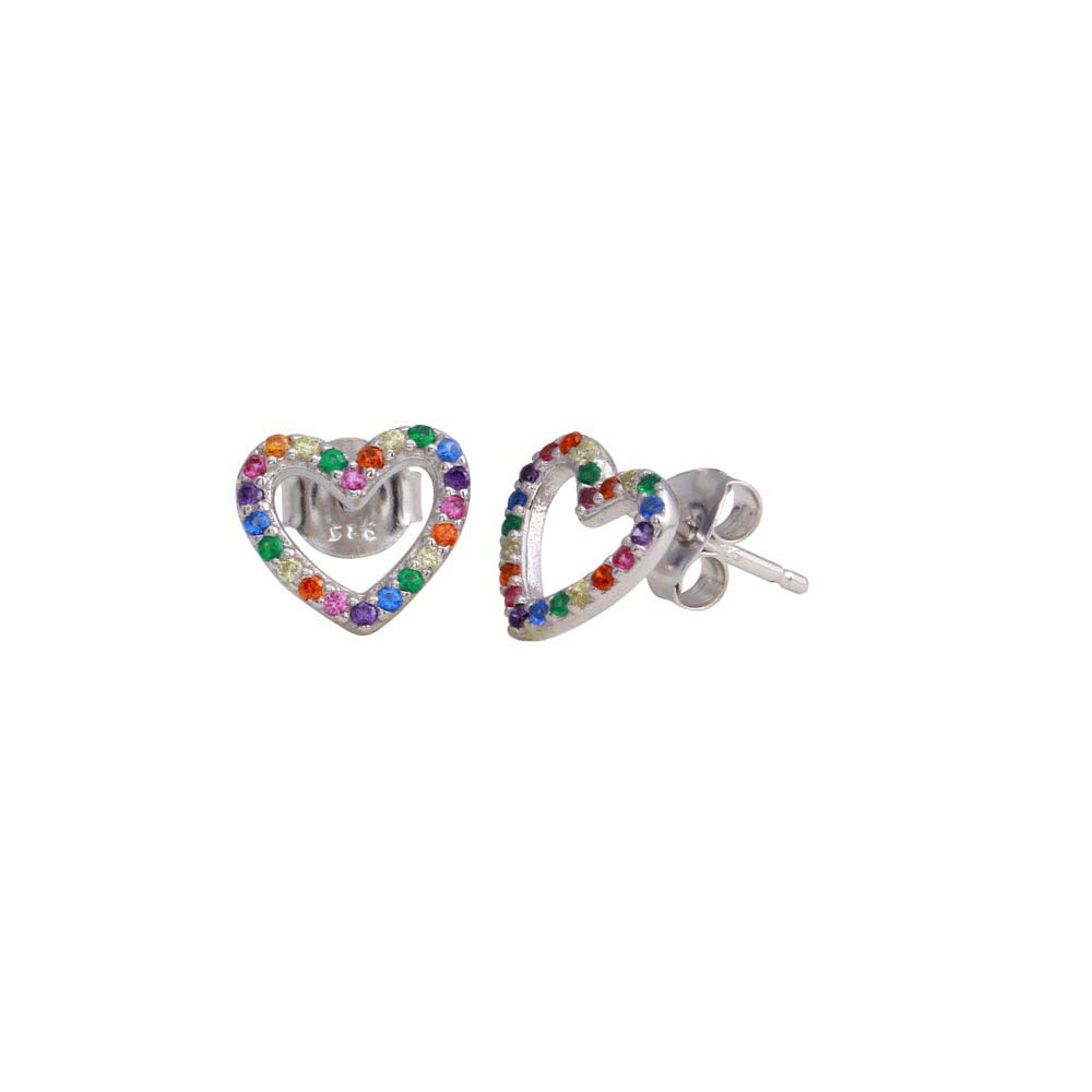 Sterling Silver Rhodium Plated Open Heart Stud Earrings With Multi Colored CZ