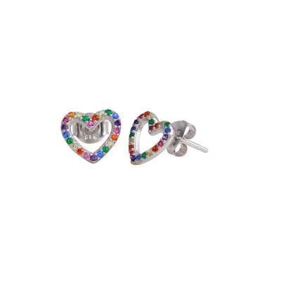 Sterling Silver Rhodium Plated Open Heart Stud Earrings With Multi Colored CZ