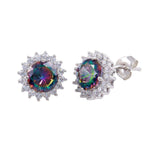 Sterling Silver Rhodium Plated Halo Synthetic Mystic Topaz Earrings