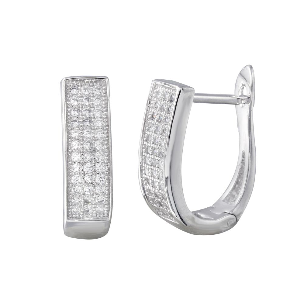 Sterling Silver Rhodium Plated Round CZ Oval Inlay Hoop Earrings