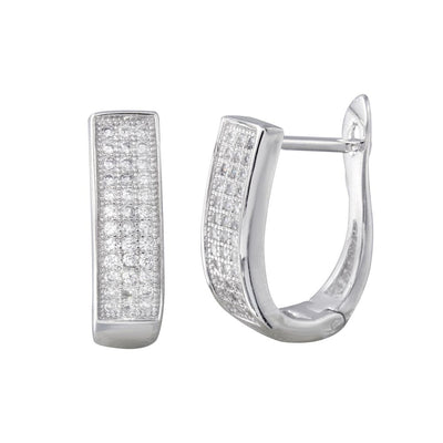 Sterling Silver Rhodium Plated Round CZ Oval Inlay Hoop Earrings