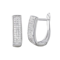 Sterling Silver Rhodium Plated Round CZ Oval Inlay Hoop Earrings