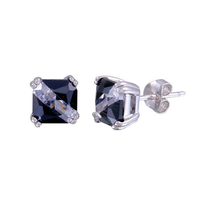 Sterling Silver Rhodium Plated Two Toned Square CZ Stud Earrings