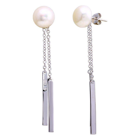 Sterling Silver Rhodium Plated Fresh Water Pearl Bar Dangling Earrings