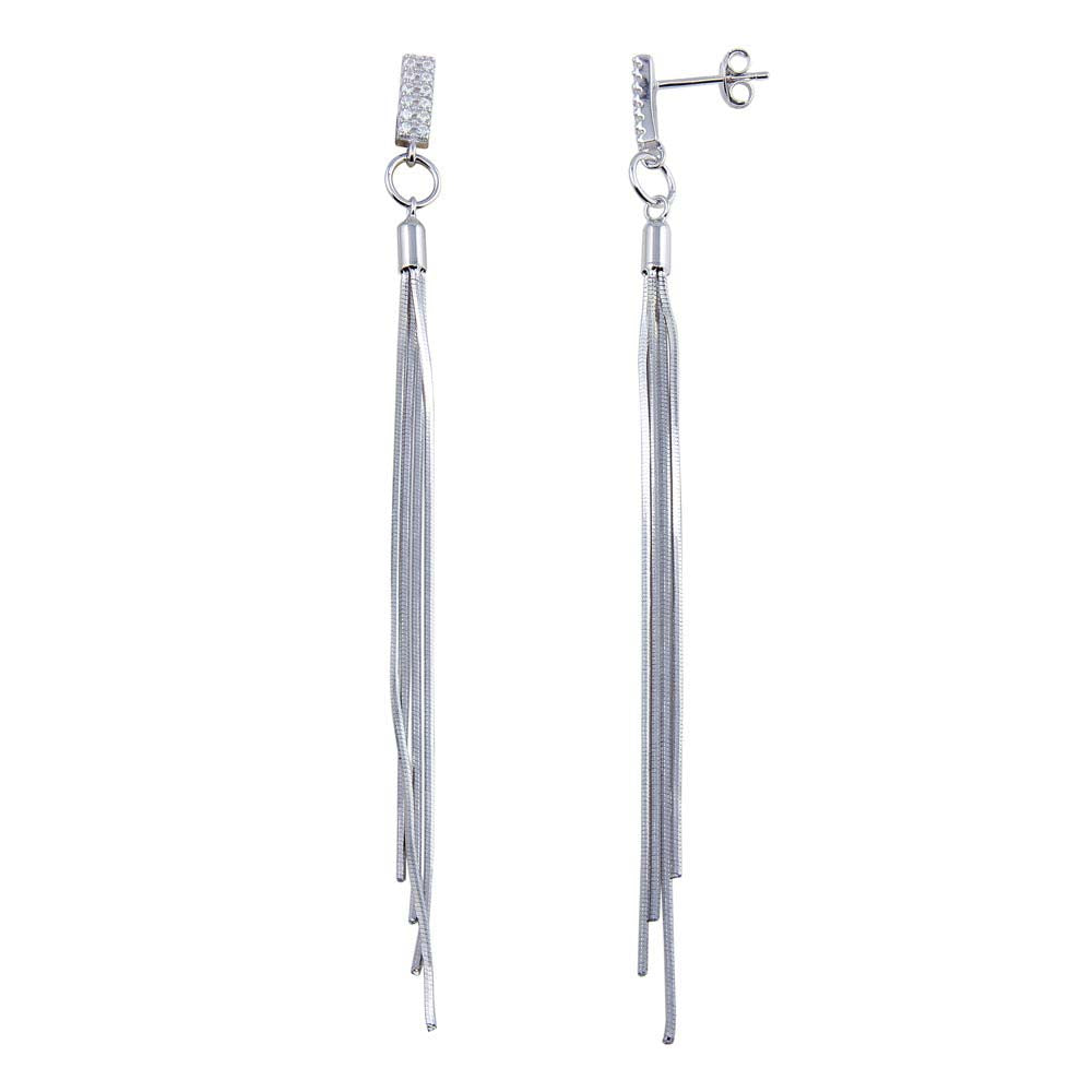Sterling Silver Rhodium Plated CZ Bar Snake SQ Dangling Earrings