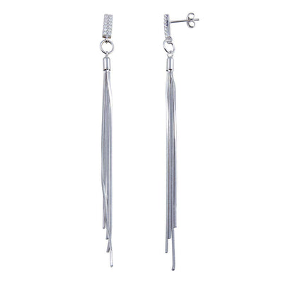 Sterling Silver Rhodium Plated CZ Bar Snake SQ Dangling Earrings