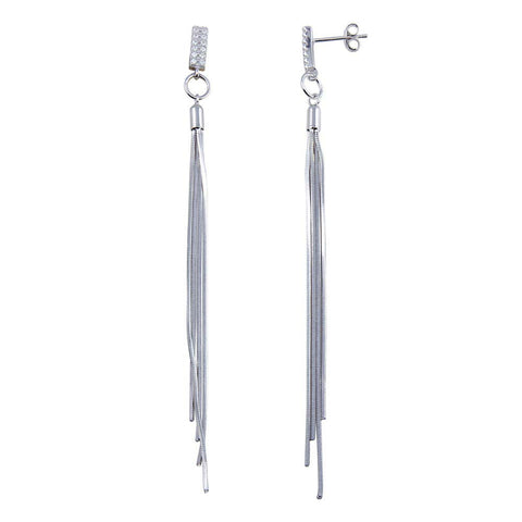 Sterling Silver Rhodium Plated CZ Bar Snake SQ Dangling Earrings