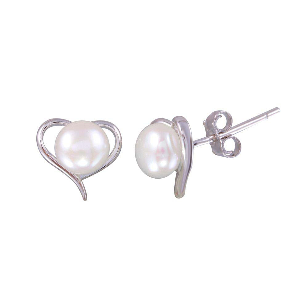 Sterling Silver Rhodium Plated Heart Stud Earrings With Synthetic Pearl
