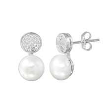 Load image into Gallery viewer, Sterling Silver Rhodium Plated CZ Encrusted Disc Dangling Pearl Earring