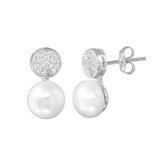 Sterling Silver Rhodium Plated CZ Encrusted Disc Dangling Pearl Earring