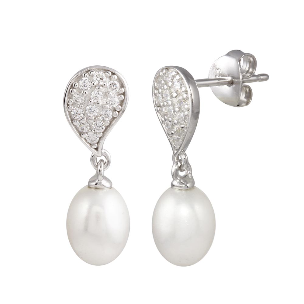 Sterling Silver Rhodium Plated CZ Encrusted Teardrop Dangling Pearl Earring