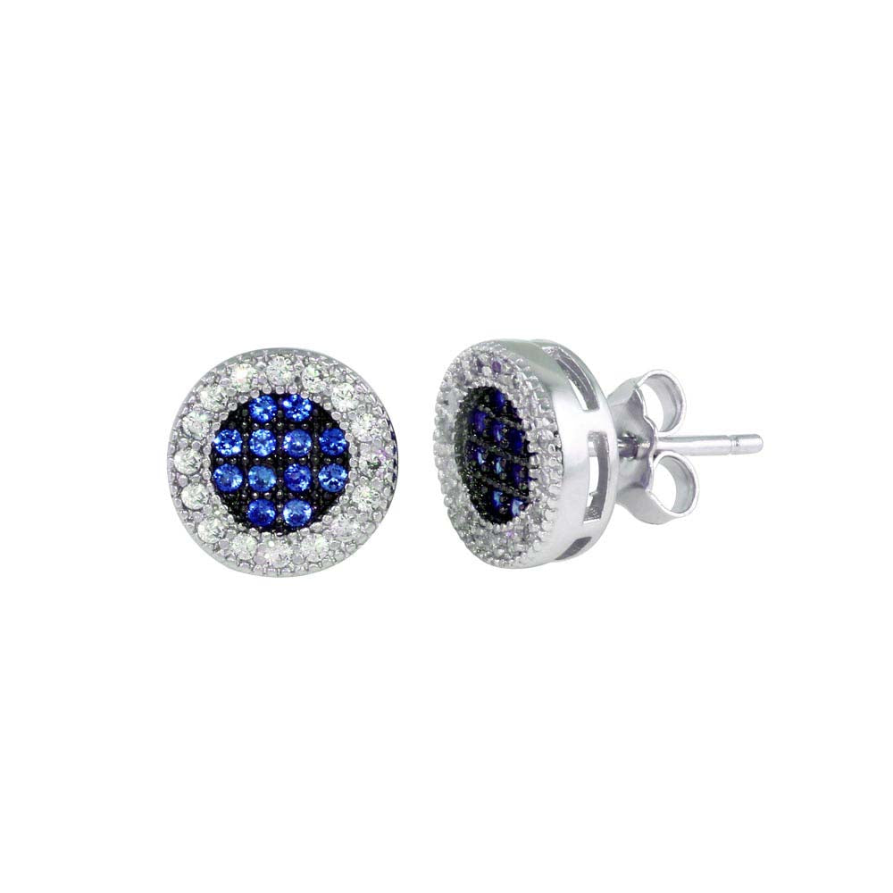 Sterling Silver Rhodium Plated Clear And Blue CZ Halo Stud Earrings
