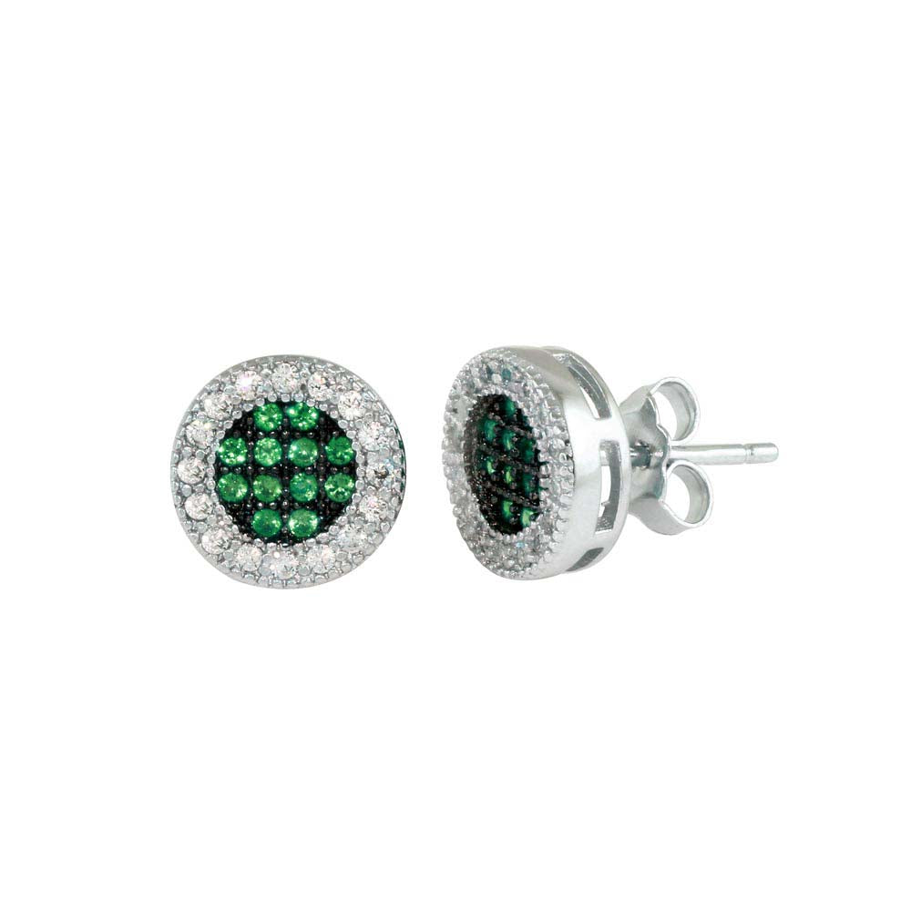 Sterling Silver Rhodium Plated Clear And Green CZ Halo Stud Earrings