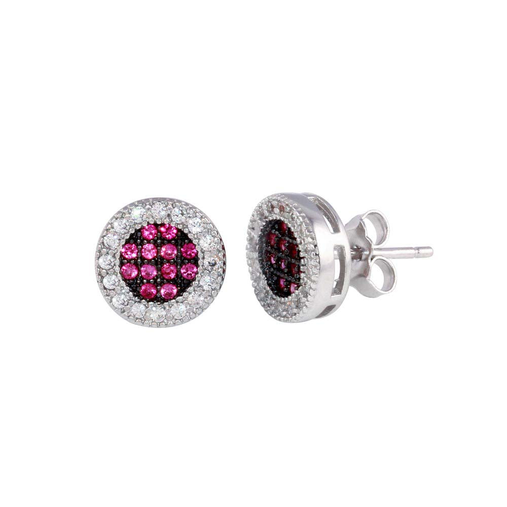 Sterling Silver Rhodium Plated Clear And Red CZ Halo Stud Earrings