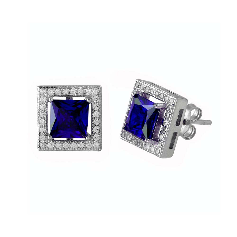 Sterling Silver Rhodium Plated Blue Halo Square CZ Stud Earrings