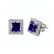 Load image into Gallery viewer, Sterling Silver Rhodium Plated Blue Halo Square CZ Stud Earrings