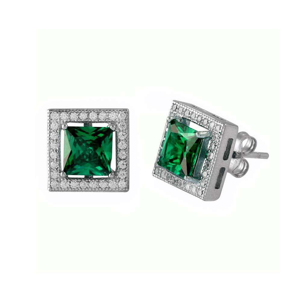Sterling Silver Rhodium Plated Green Halo Square CZ Stud Earrings