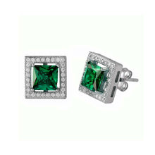 Load image into Gallery viewer, Sterling Silver Rhodium Plated Green Halo Square CZ Stud Earrings