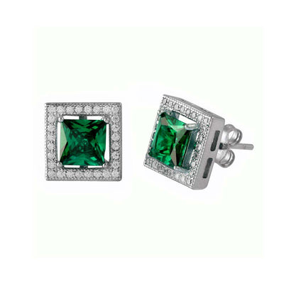 Sterling Silver Rhodium Plated Green Halo Square CZ Stud Earrings
