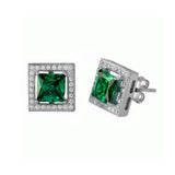 Sterling Silver Rhodium Plated Green Halo Square CZ Stud Earrings