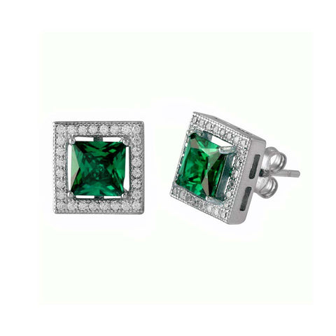Sterling Silver Rhodium Plated Green Halo Square CZ Stud Earrings