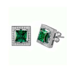 Sterling Silver Rhodium Plated Green Halo Square CZ Stud Earrings