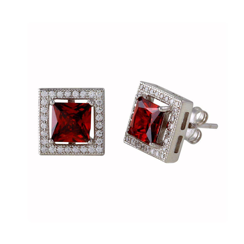 Sterling Silver Rhodium Plated Red Halo Square CZ Stud Earrings