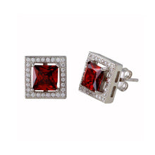 Load image into Gallery viewer, Sterling Silver Rhodium Plated Red Halo Square CZ Stud Earrings