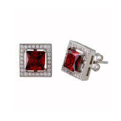 Sterling Silver Rhodium Plated Red Halo Square CZ Stud Earrings