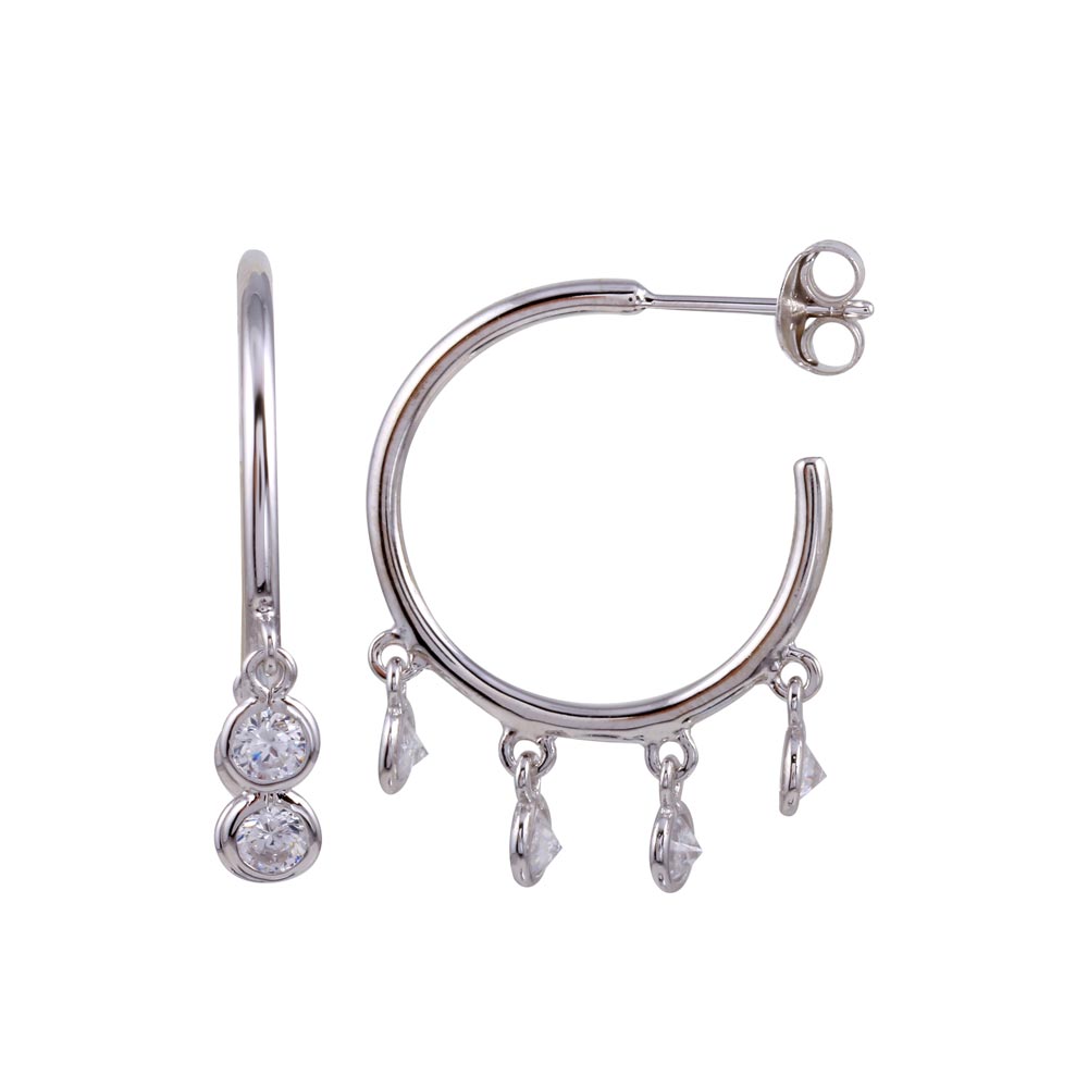 Sterling Silver Rhodium Plated Semi Hoop CZ Circular Earrings