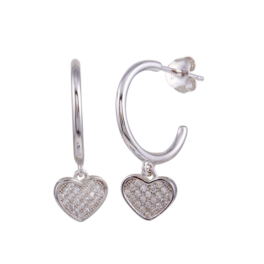 Sterling Silver Rhodium Plated Semi Hoop CZ Heart Shaped Earrings