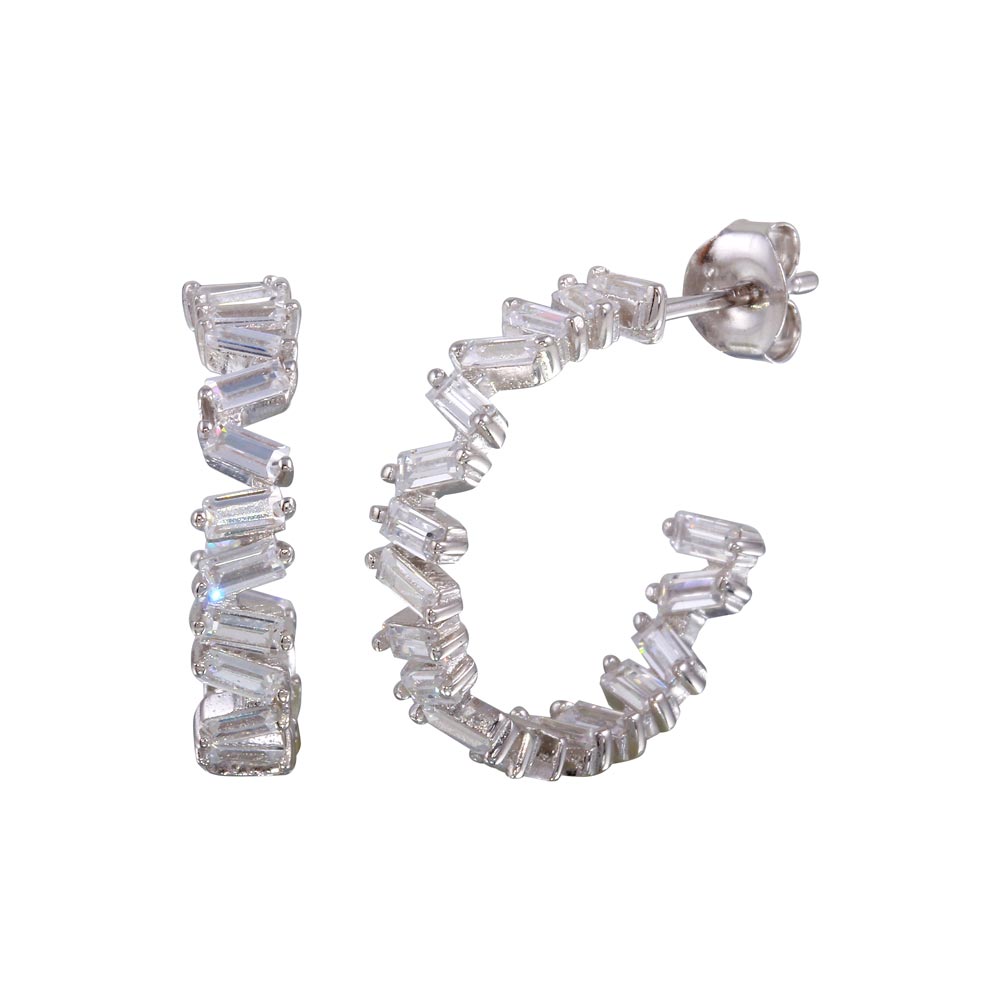 Sterling Silver Rhodium Plated Semi Hoop CZ Baguette Earrings