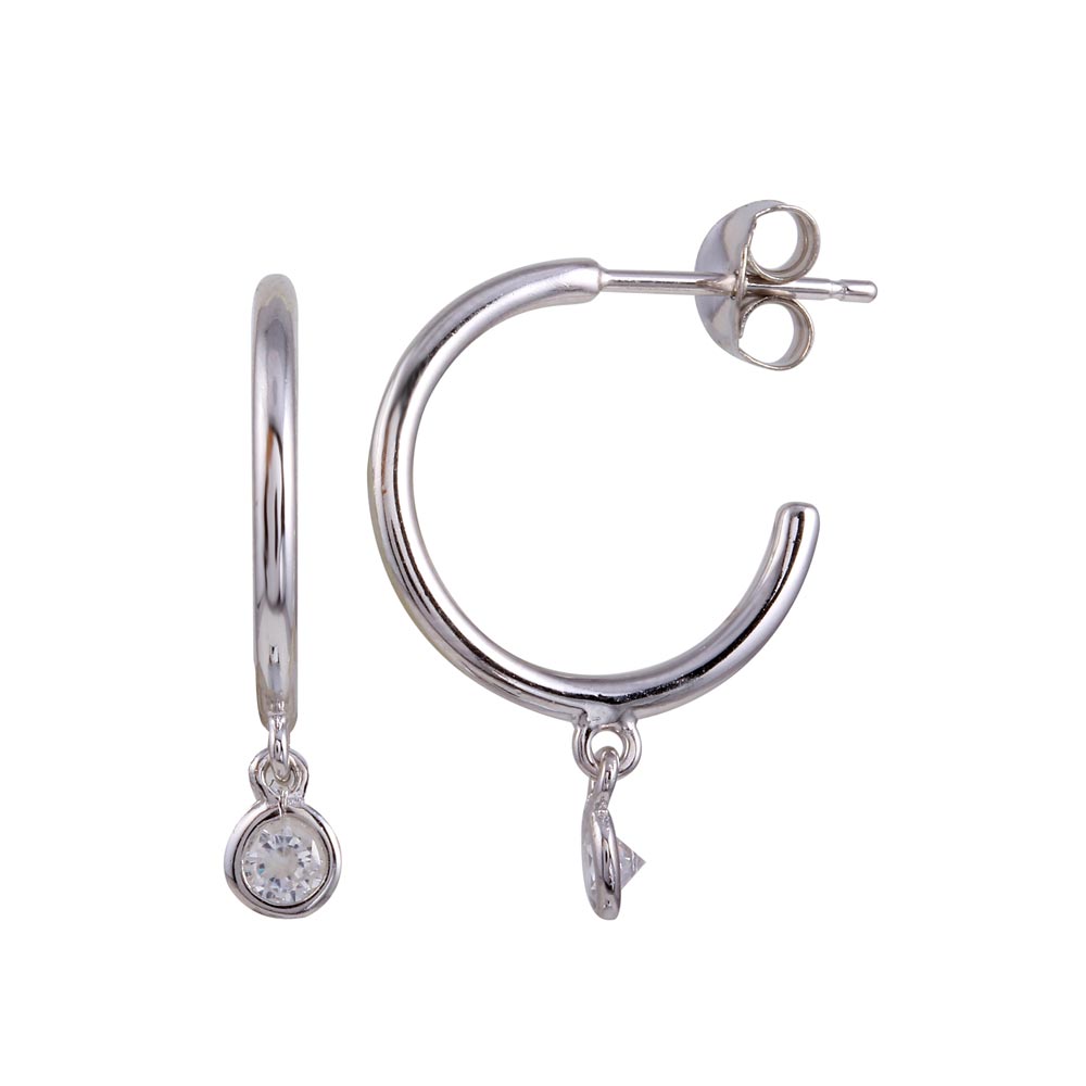 Sterling Silver Rhodium Plated Semi Hoop CZ Circle Earrings