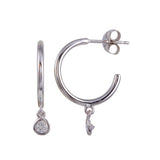 Sterling Silver Rhodium Plated Semi Hoop CZ Circle Earrings